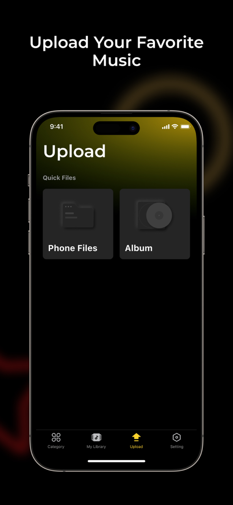 Offline Music MP3 Music Player - Upload screen of Snap Player app showing options to import phone files and albums