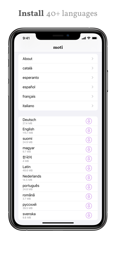 A list of over 40 language dictionaries available for offline download in the moti app.