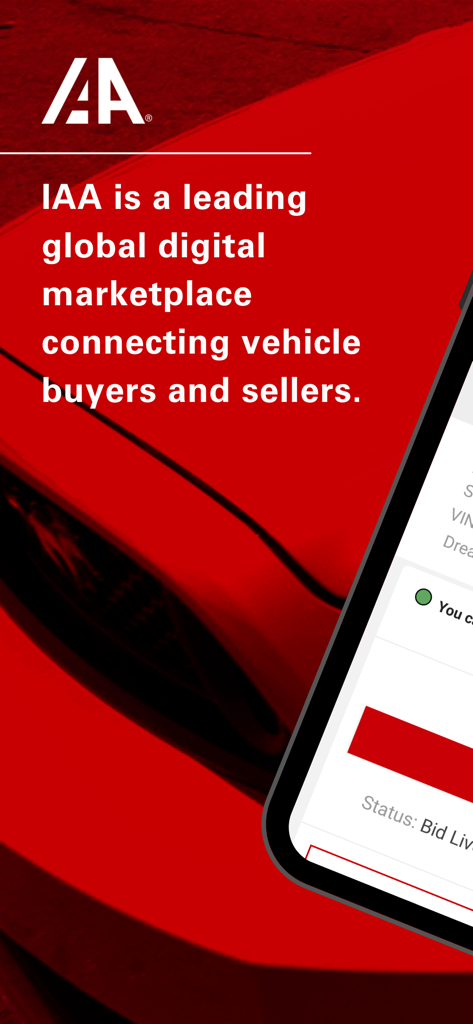 Interface do aplicativo do marketplace digital IAA conectando compradores e vendedores de veículos