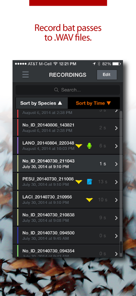 Echo Meter Touch Bat Detector - Una lista de grabaciones de llamadas de murciélagos con marcas de tiempo e identificaciones de especies en la aplicación Echo Meter Touch