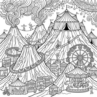 Experience the thrill of a bustling carnival perched atop majestic stratovolcanoes in this extraordinary coloring template. With acrobats, rides, and festive stalls, it promises hours of imaginative fun for colorists of all ages.
