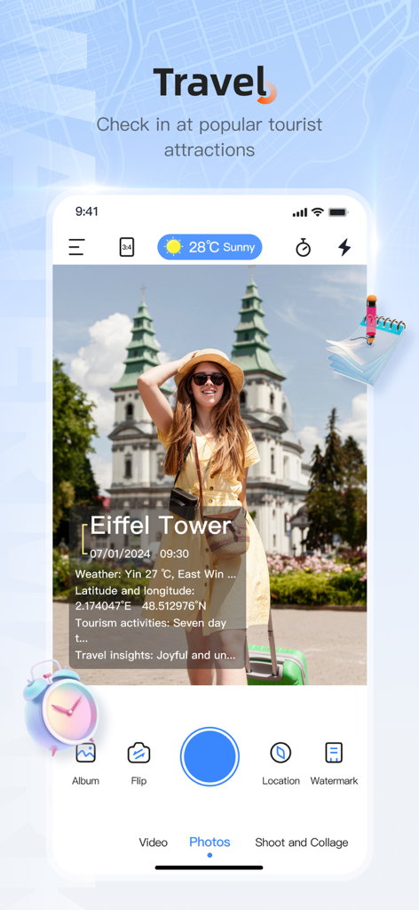 Tourist photo with a GPS location and timestamp watermark overlay