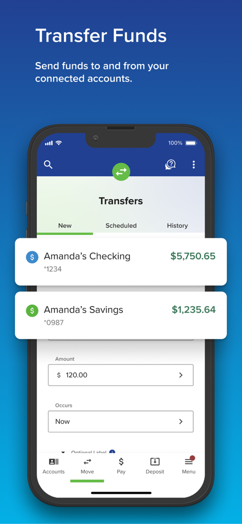 Consumers Credit Union mobile app interface showing the transfer funds screen between checking and savings accounts