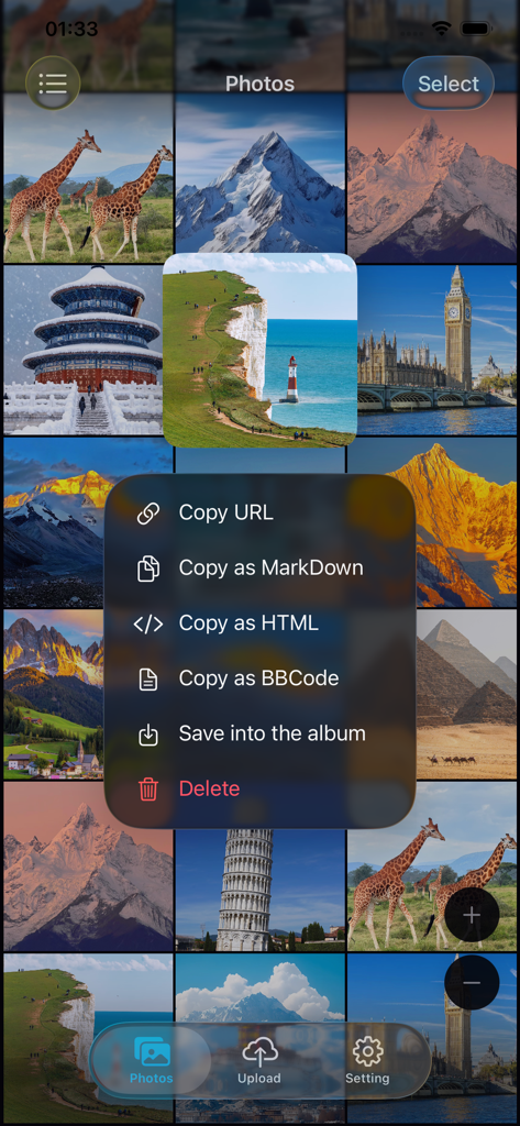 PicLink-Best image Hosting App - PicLink app interface showing a context menu with options to copy image links as Markdown HTML or BBCode