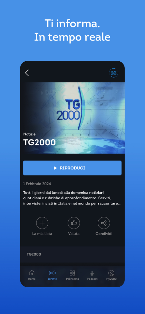 Play2000 - Interface do aplicativo móvel Play2000 mostrando a tela de transmissão de notícias do TG2000 com um botão de reprodução