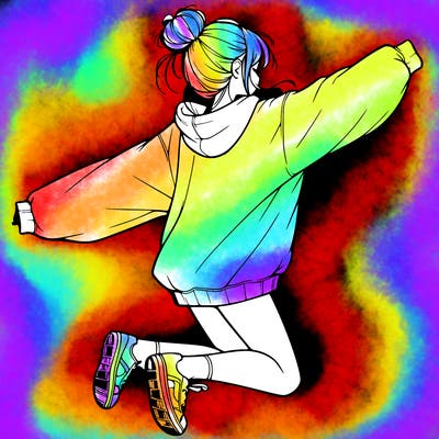 realistic girl jumping with a bun and oversized sweatshirt