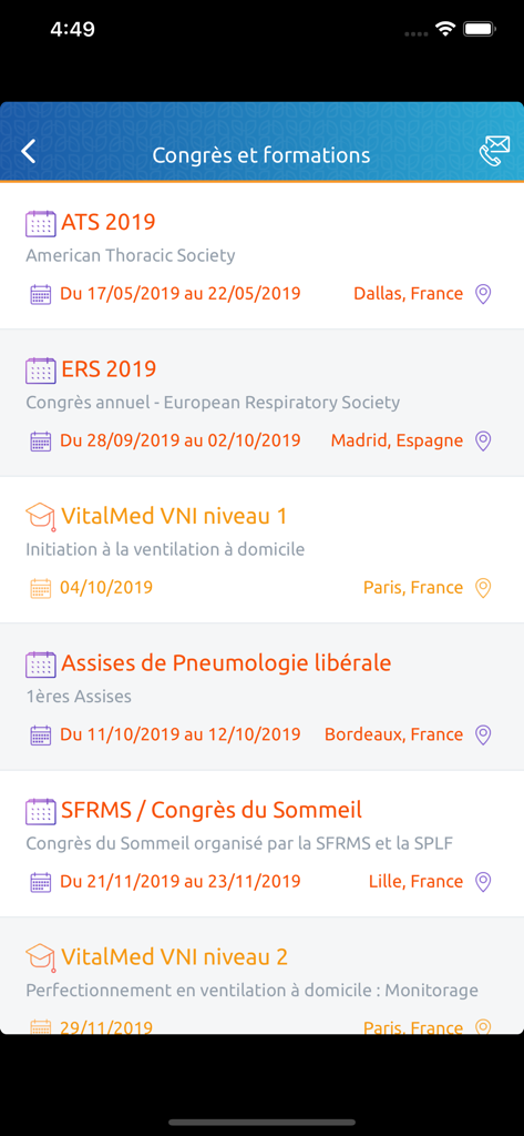 List of medical congresses and respiratory health training sessions for healthcare professionals