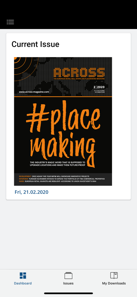 The dashboard of the ACROSS Magazine app showing the current issue titled placemaking