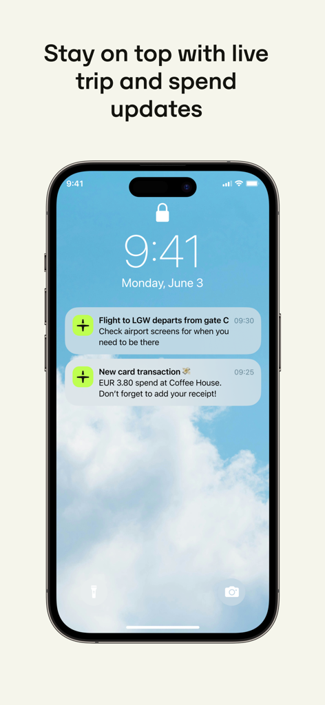 Perk - Schermata di blocco dell'iPhone che mostra le notifiche dell'app Perk per lo stato del volo e il tracciamento delle spese