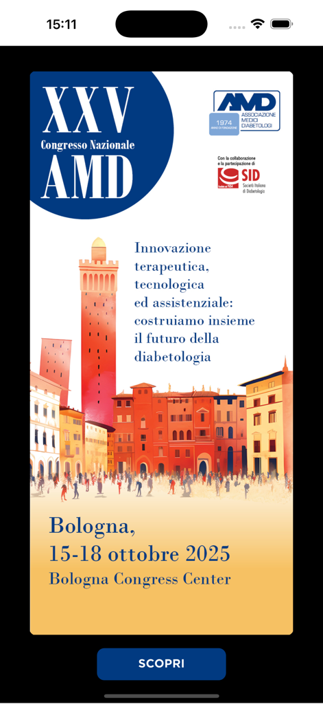 AMD 2025 - Splash screen for the XXV AMD National Congress 2025 in Bologna featuring a city illustration and event dates