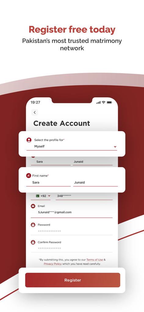 Shadi.Pk - Matrimonial App - Pantalla de registro y creación de cuenta para la aplicación matrimonial Shadi Pk