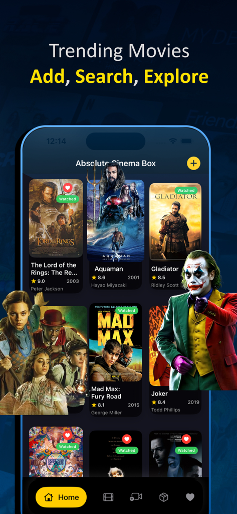 Absolute - Movies & TVShow Box - Interfaz de Absolute Cinema Box que muestra pósteres de películas populares como Joker y Mad Max con indicadores de estado de visualización.