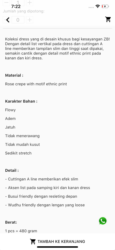 ZB - Detailed product description of a modest dress in the ZB fashion app