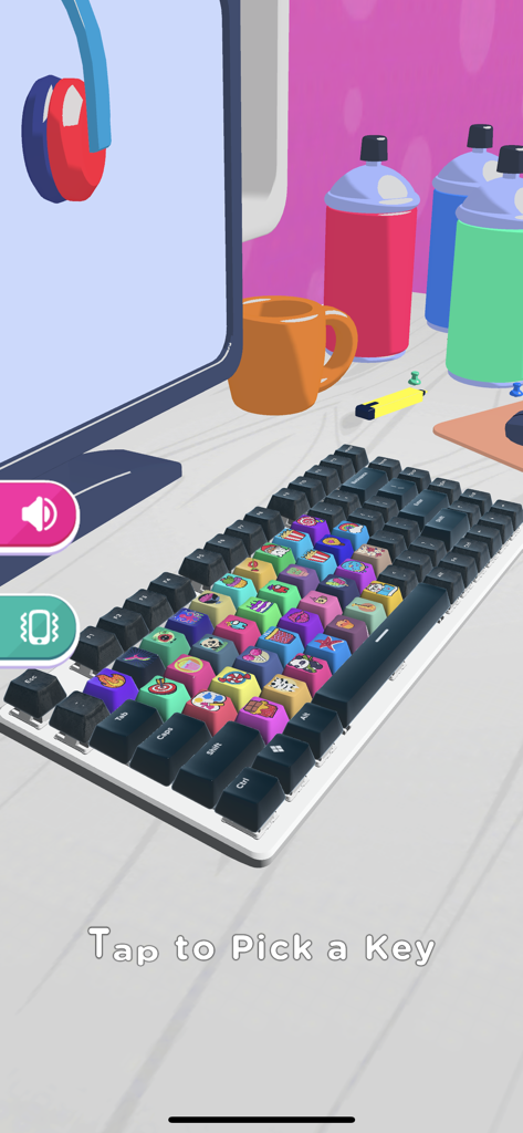 A 3D simulation of a desk setup featuring a mechanical keyboard with various colorful and custom-designed keycaps.