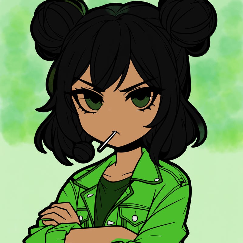 an anime girl with pigtails buns that are loose and free, she is wearing a jean jacket with her arms crossed. she has a lollipop in her mouth with her eyes narrowed. she looks very cool and daring