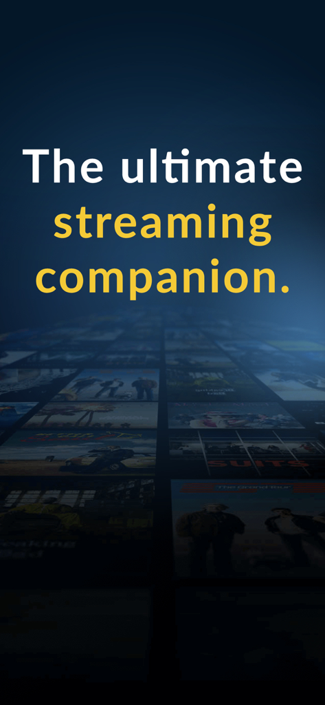 JustWatch app splash screen with the text The ultimate streaming companion over a grid of movie titles