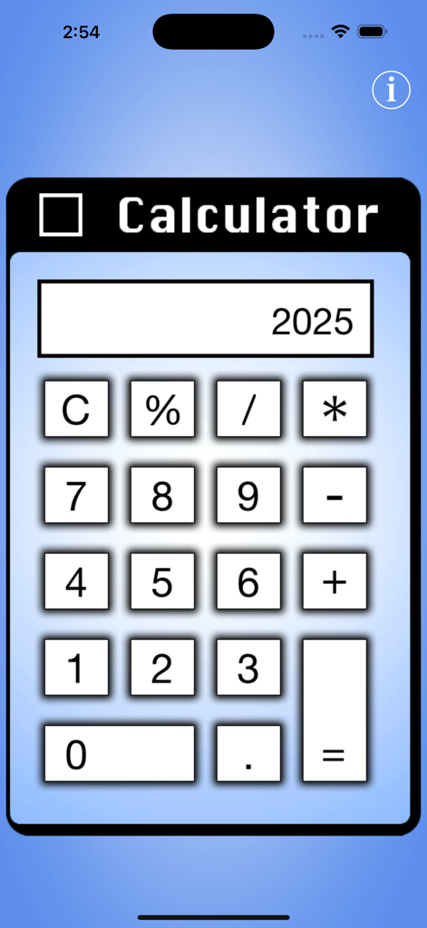 Retro modern calculator app interface with white buttons and a 2025 display