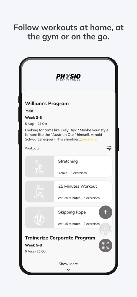Physio Sport Training - Interfaz de la aplicación Physio Sport Training que muestra un programa de entrenamiento personalizado con ejercicios de estiramiento y fuerza.