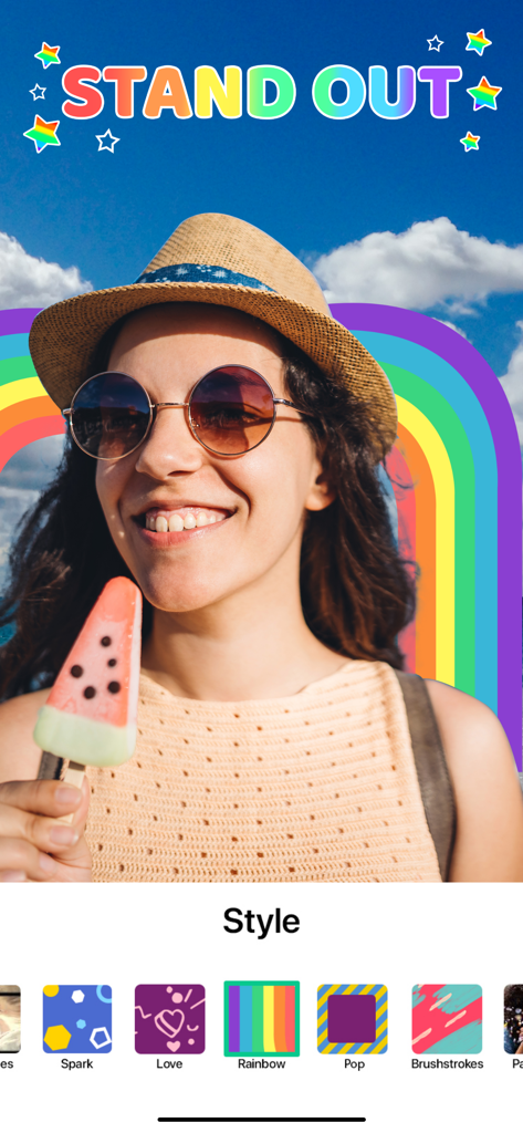 Interface do aplicativo editor de vídeo Magisto mostrando um efeito de estilo arco-íris em uma foto