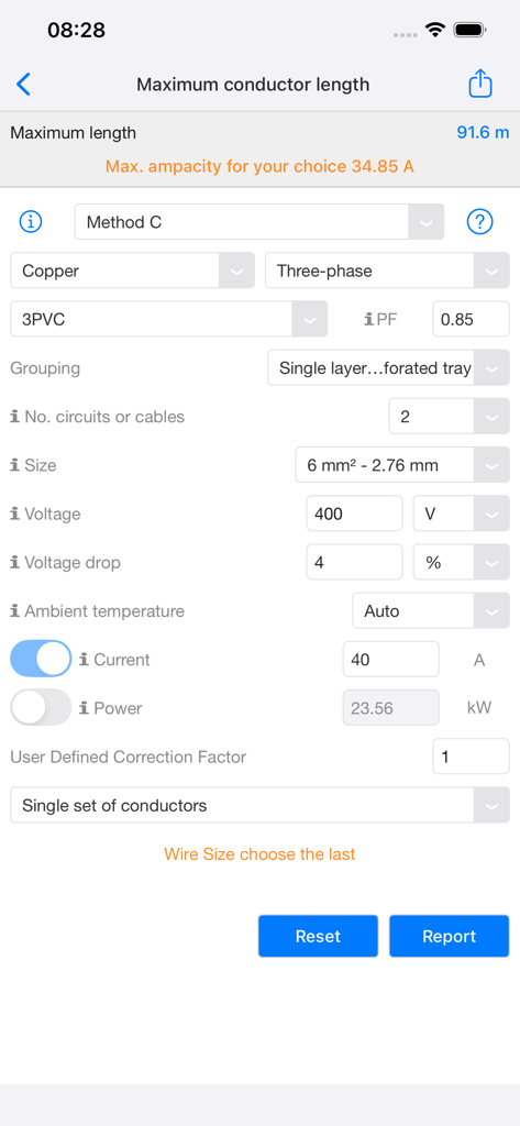 Interface of the Mobile Electrician app showing a maximum conductor length calculation for a three-phase copper circuit