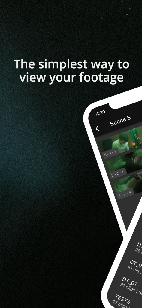 o/DAILIES - iPhone displaying the o/DAILIES app interface with organized film scenes and production footage.
