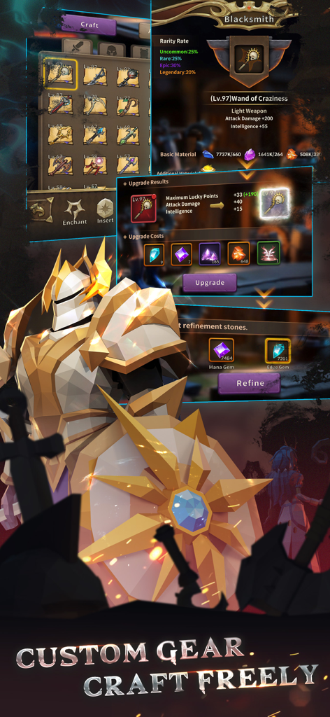 Eternal Ember - Blacksmith interface showing gear upgrades and refinement in Eternal Ember