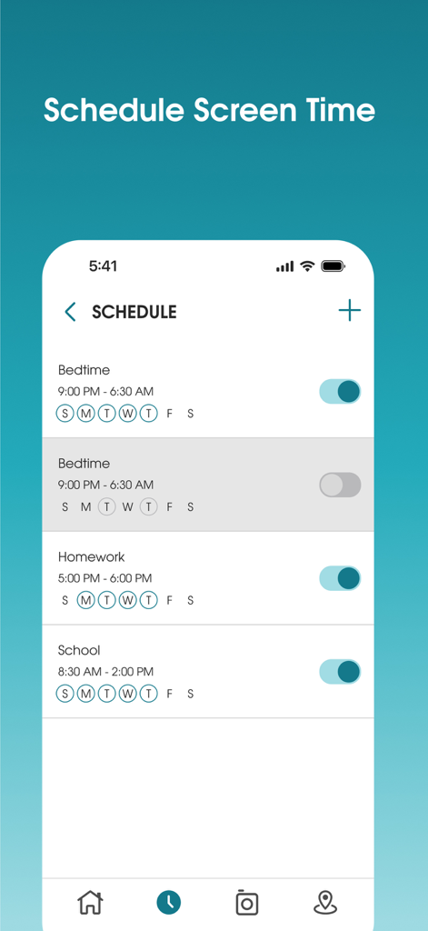 Interfaz de la aplicación OurPact que muestra horarios personalizados de tiempo de pantalla para la hora de acostarse, las tareas y las horas escolares