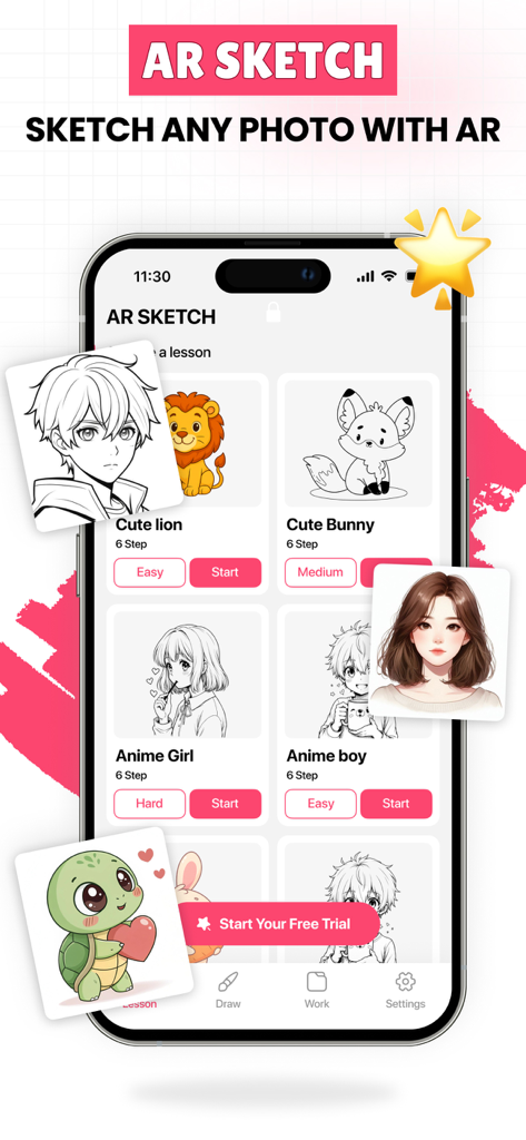 AR Sketch - AR Drawing - AR Sketch App-Oberfläche, die eine Galerie von Zeichenkursen für Anime- und Tiermotive mit verschiedenen Schwierigkeitsgraden zeigt.