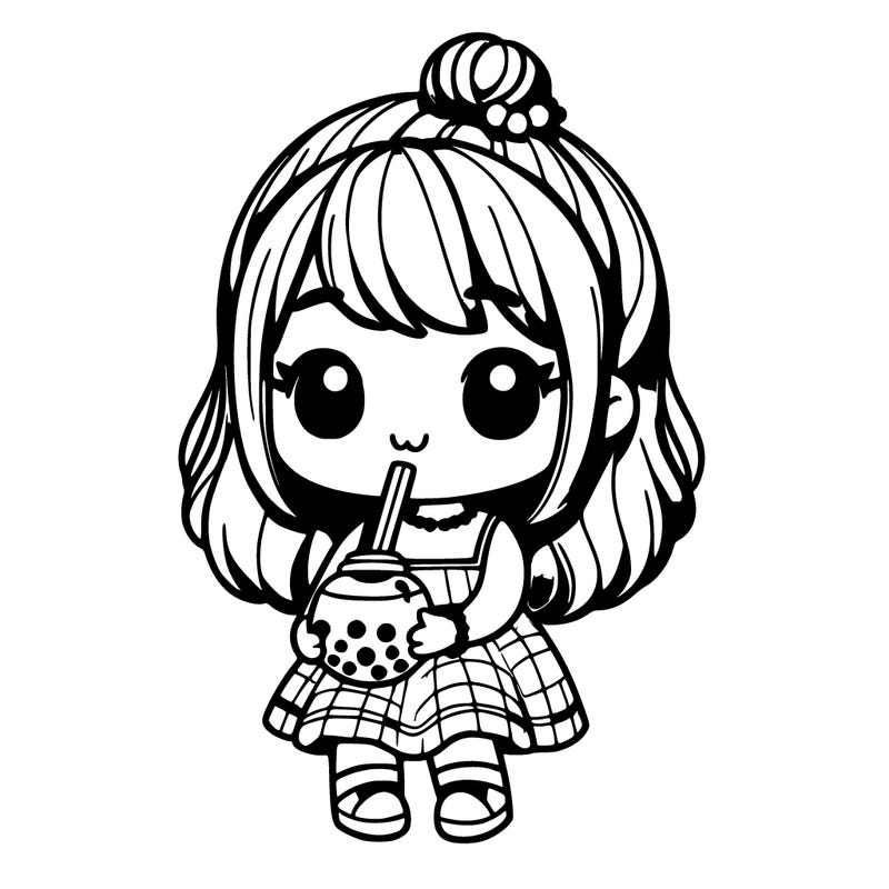 cute realistic little girl wearing a dress that is drinking boba