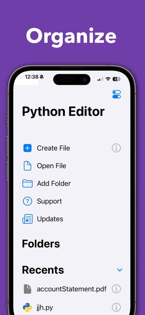 Main menu of the Python Editor mobile app showing options to create files, open files, and manage folders with a list of recent files