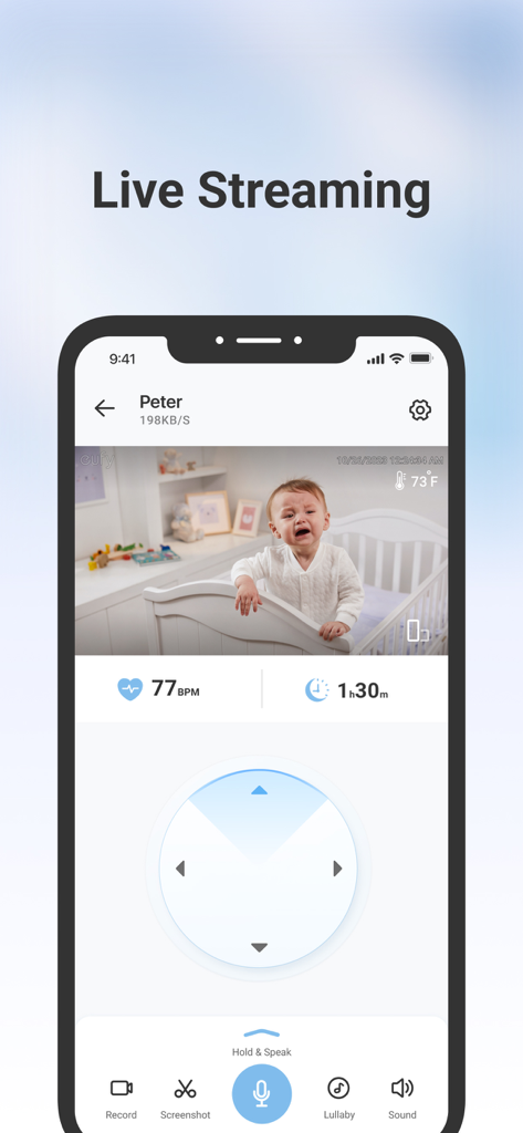 eufy Baby - eufy Babyアプリのライブストリームインターフェイス。赤ちゃんがベビーベッドにいて、リアルタイムの健康指標とカメラコントロールが表示されている。
