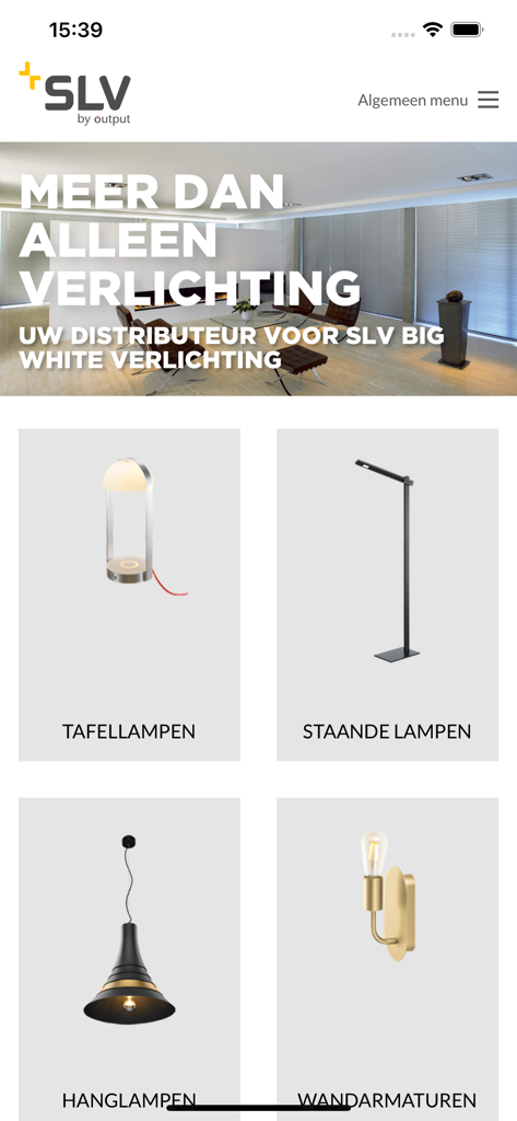SLV by Output (Big White) - SLV by Output照明アプリのホーム画面。テーブルランプ、フロアランプ、ペンダントライトのカテゴリが表示されています。