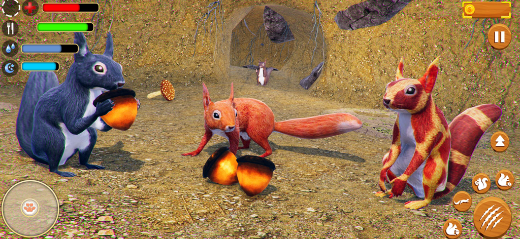 Virtual Squirrel Family Sim 3D - A group of virtual squirrels collecting acorns in their forest burrow