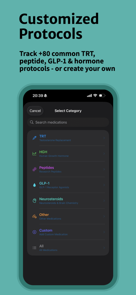 OptiPin | TRT Peptide Tracker - OptiPin mobile app showing a list of medication categories including TRT, HGH, Peptides, and GLP-1.