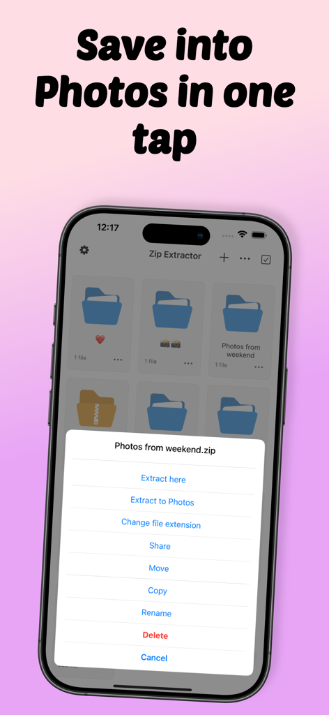 Zip Extractor: Unzip View File - Aplicación móvil Extractor Zip mostrando la función de extracción a fotos