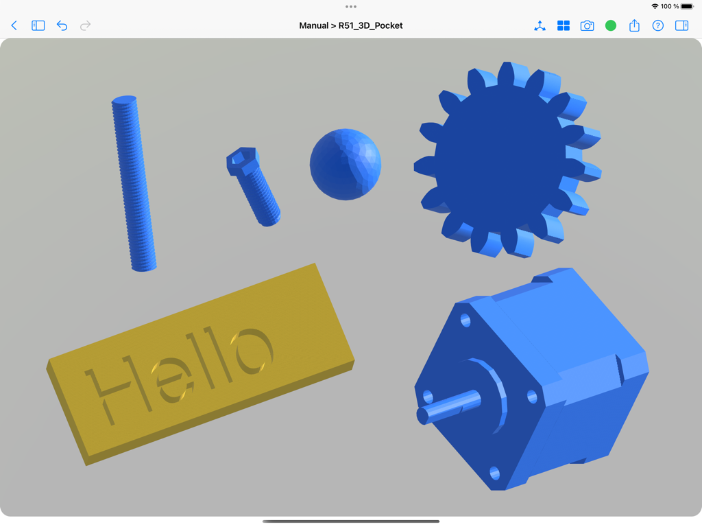 Modeler 3D - Eine Sammlung von 3D-mechanischen Teilen, einschließlich eines Zahnrads und eines Motors, gerendert in Modeler 3D.