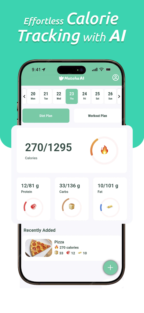 Matcha AI・Food Calorie Scanner - Matcha AIアプリのダッシュボード。写真で記録されたピザ一切れの毎日のカロリー摂取量とマクロ栄養素の追跡を表示