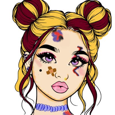 realistic girl with two buns on her hair and lips