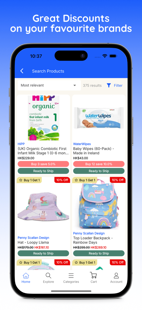 Baby Central App-Bildschirm mit rabattierten Babyprodukten, darunter Bio-Milch und Feuchttücher