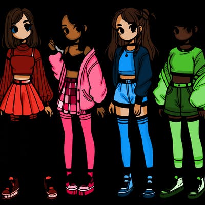 one girl with crop-top shirt and a jacket with a skirt, long socks and another girl with a shirt and pants with a jacket