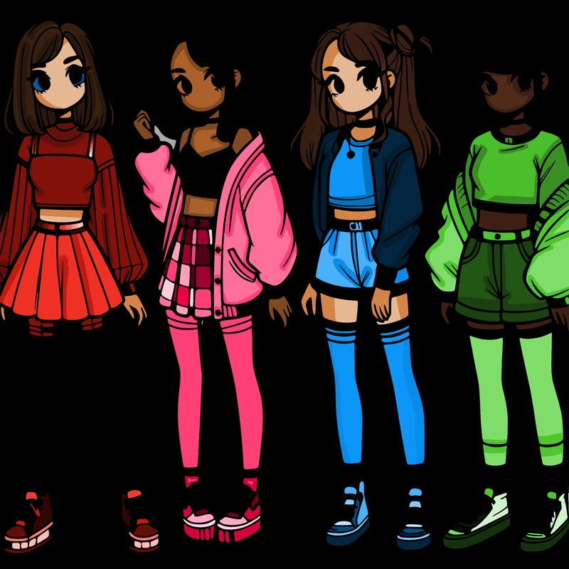 one girl with crop-top shirt and a jacket with a skirt, long socks and another girl with a shirt and pants with a jacket