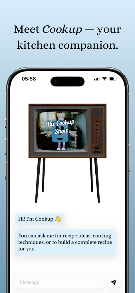 Cookup: Recipes & Tips - Pantalla de iPhone mostrando la interfaz de chat del asistente de cocina IA de Cookup con un personaje de TV retro