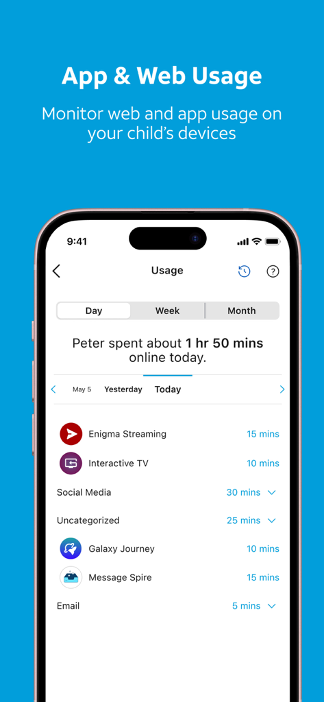 AT&T Secure Family® parent app - AT&T Secure Family app interface showing a childs daily web and app usage statistics