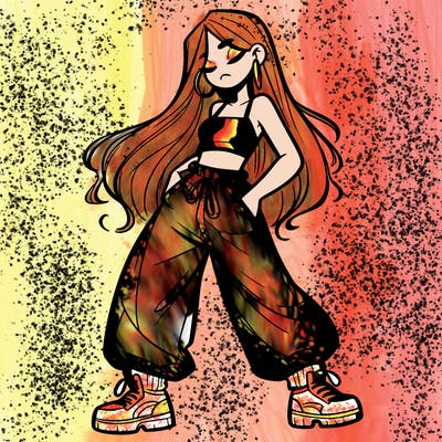 girl in baggy pants crop top and long hair