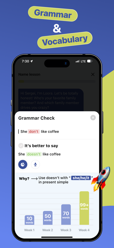 Learn & Speak English・AI Tutor - Aplicación de tutor de inglés de IA que muestra una función de corrección gramatical para corregir oraciones y un gráfico de barra de progreso semanal.