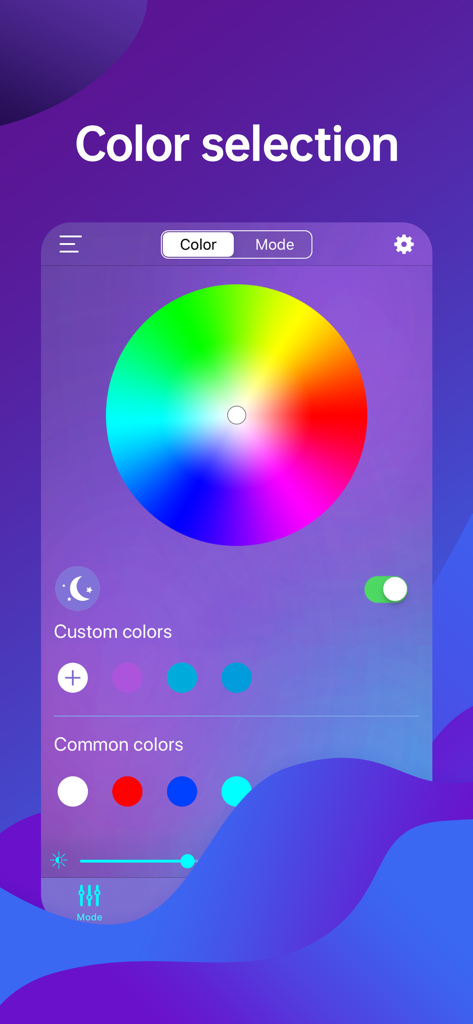 MagicStrip app interface showing a color wheel for selecting LED light colors and brightness levels.