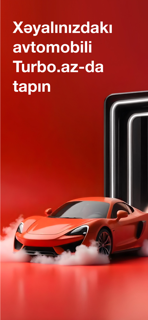Orange sports car on a red background with Azerbaijani text advertising the Turbo.az car marketplace