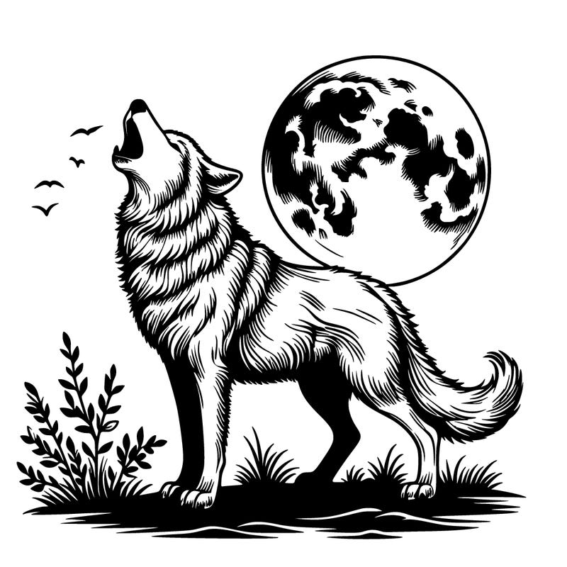realistic wolf howling at the moon