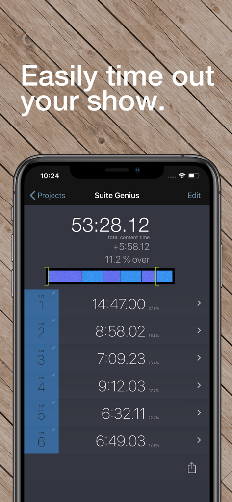 La aplicación Runtime mostrando cálculos de código de tiempo para varios actos de programas de televisión