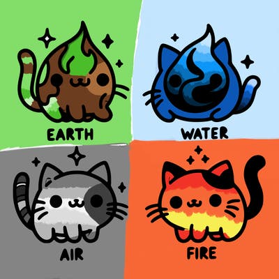 4 cats that represent the different elements, earth, water, air, and fire